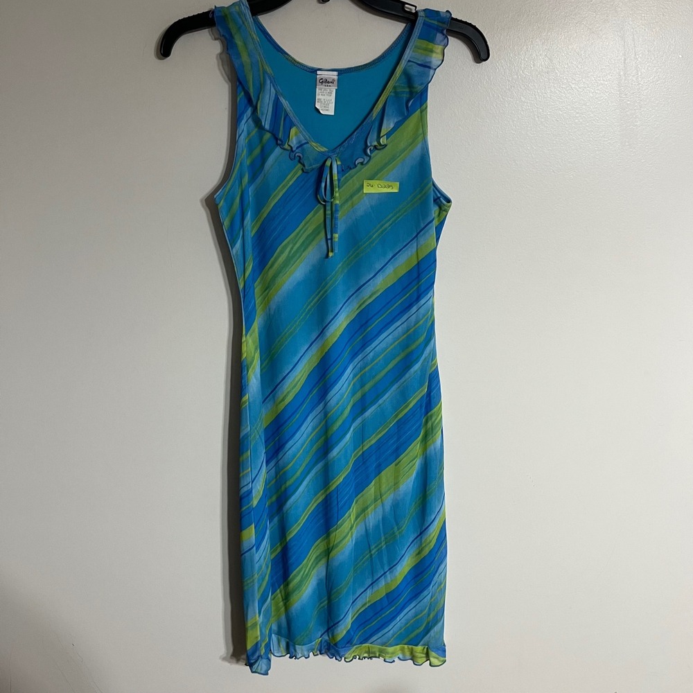 Gidani USA Vintage Y2K Blue Green Mesh Overlay Lettuce Edge Midi Dress Medium